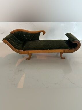 Vintage Miniature Settee Chaise Lounge / Fainting Couch in Dark Green Velvet